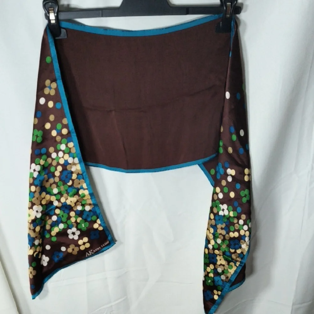Brown Floral Scarf with Blue Trim